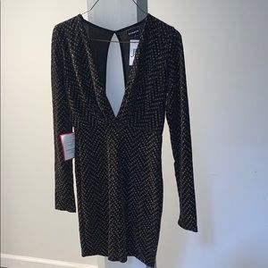 Monaco Plunge Sparkly Long Sleeve Mini Dress